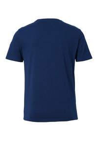 T-shirt in cotone blu navy con maniche corte, collo rotondo e una trama liscia. Nessuna grafica o dettagli aggiuntivi visibili.