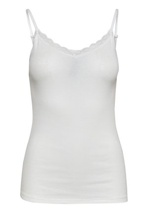 Top de tirantes blanco confeccionado en tela acanalada, con tirantes ajustables y un borde de encaje con forma de ondas en el escote.