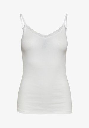 Top de tirantes blanco confeccionado en tela acanalada, con tirantes ajustables y un borde de encaje con forma de ondas en el escote.