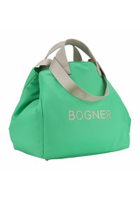 Borsa verde realizzata in materiale morbido con forma arrotondata, dotata di manici beige e testo in rilievo "BOGNER" sulla parte anteriore.