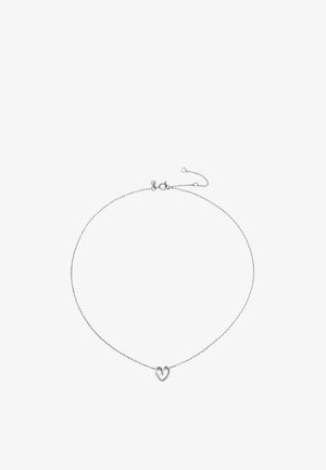 Hieno hopeinen ketjukoru, jossa on pieni avoin sydämenmuotoinen riipus ketjun keskellä ja säädettävä lukko.