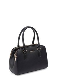 Black leather handbag with gold hardware, structured design, dual handles, and a zippered closure. Smooth texture with a minimalist look.