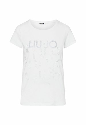 T-shirt bianca a maniche corte con scollo tondo e motivo testuale "LIU JO" grigio chiaro composto da piccoli puntini sulla parte frontale.