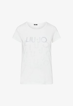 T-shirt bianca a maniche corte con scollo tondo e motivo testuale "LIU JO" grigio chiaro composto da piccoli puntini sulla parte frontale.