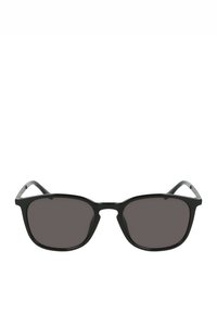 Occhiali da sole neri in plastica con lenti scure, caratterizzati da una forma rettangolare, bracci sottili e sottili accenti argentati sulle cerniere.