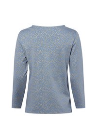 Langarmtop aus hellblauem Stoff mit einem goldenen Punktmuster, ausgestattet mit einem weiten Ausschnitt und einer lockeren Passform. Glatte Textur mit lässigem Design.