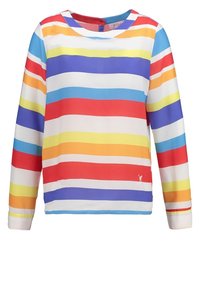 Chemise à manches longues rayée horizontalement en rouge, orange, jaune, bleu, violet et blanc.