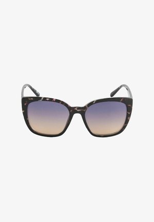 Cat-Eye-Sonnenbrille mit dunklem Schildpattgestell und Farbverlaufsgläsern, die von Lila am oberen Rand zu Beige am unteren Rand übergehen.