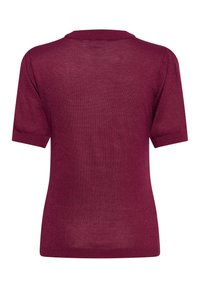Burgundy short-sleeve sweater with a round neckline, ribbed detailing at the cuffs and hem, soft texture, and a slightly sheer fabric.