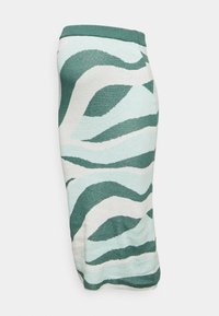 Pletená tužková sukně s vlnitými vzory v zelené a bílé barvě, s pevným zeleným páskem. Hladká textura a přiléhavý střih.