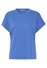 T-shirt blu a maniche corte con scollo rotondo, spalle scese e vestibilità ampia, esposto su uno sfondo bianco.