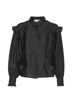 Sort satinv blouse med flæse-detaljer langs fronten og ærmerne, knaplukning og klassisk krave. Strukturert stoffinish.