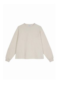 Beige pulóver, oversized fazon, kerek nyak, hosszú ujjú, bordázott mandzsetta, a bal elülső mellrészen diszkrét virágos hímzés található. Puha tapintás.