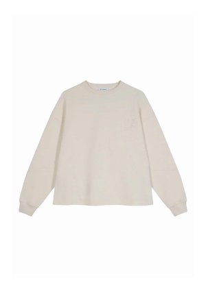 Beiger Sweatshirt, Oversized-Passform, runder Halsausschnitt, lange Ärmel mit gerippten Bündchen, auf der Vorderseite links auf der Brust befindet sich dezente florale Stickerei. Weicher Stoff.