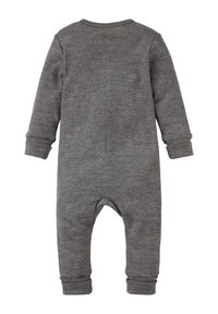Langärmeliger grauer Baby-Body mit fußlosem Design, gerippten Bündchen und einem strukturierten Strickstoff, von hinten gezeigt.