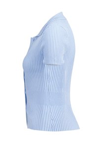 Light blue short-sleeve knitted polo with vertical ribbing, a buttoned placket, and a fitted waist design. Smooth texture with a subtle sheen.