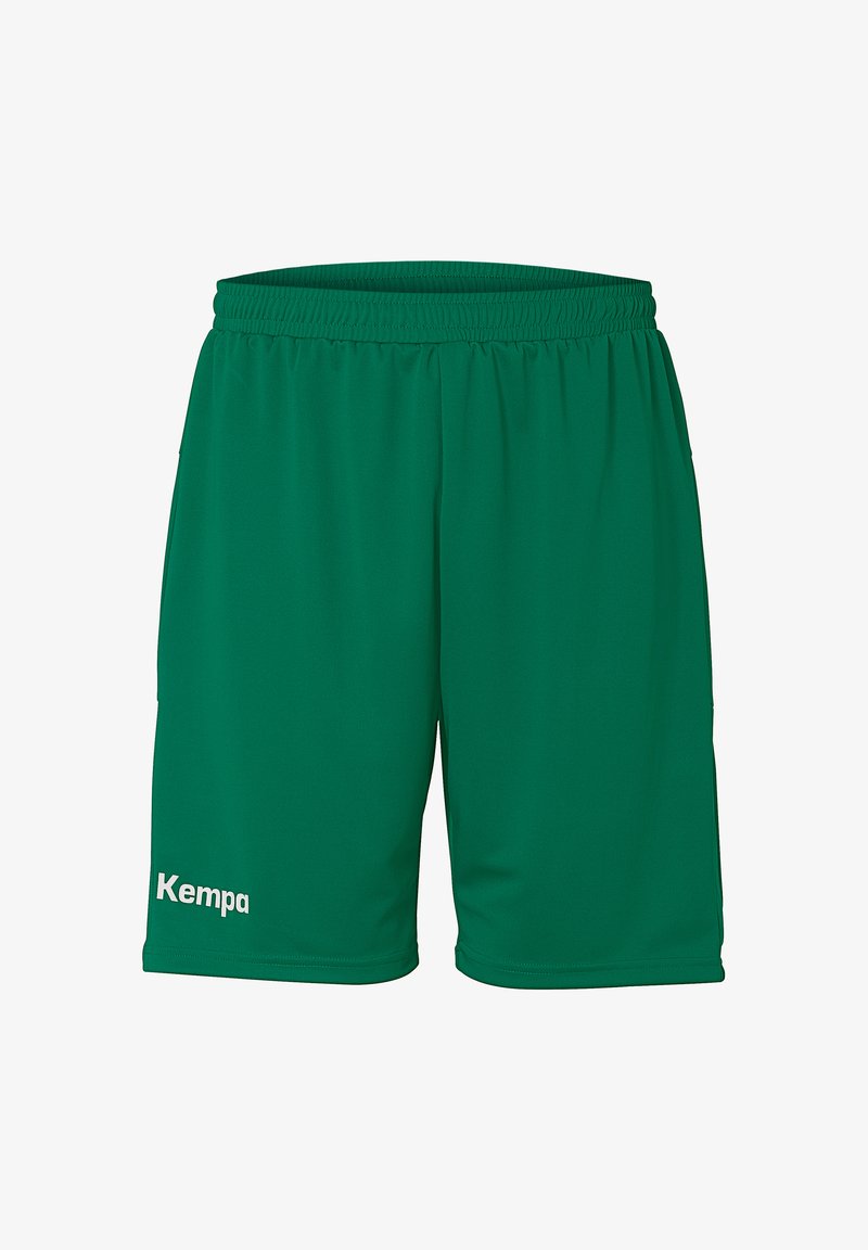 Groene sportshorts van lichtgewicht materiaal, uitgerust met een elastische tailleband en een klein wit logo aan de onderkant links.