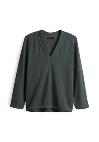 Top lavorato a maglia verde scuro con scollatura a V, maniche lunghe e una vestibilità rilassata con orlo leggermente curvo. Sottile texture a costine su tutto il capo.