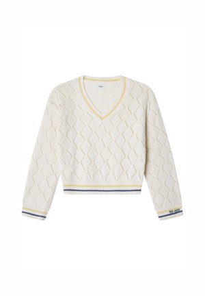 Pull en maille crème avec motif losange, col en V, et rayures jaunes et bleues aux poignets et à l'ourlet, "Pepe Jeans" brodé sur la manche gauche.