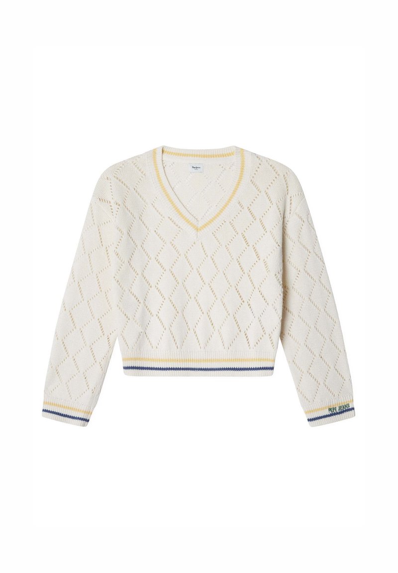 Pull en maille crème avec motif losange, col en V, et rayures jaunes et bleues aux poignets et à l'ourlet, "Pepe Jeans" brodé sur la manche gauche.