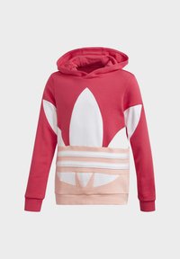 Hooded sweatshirt in red with large white flower design and pink accents. Features three white stripes along the waistband. Cotton blend fabric.