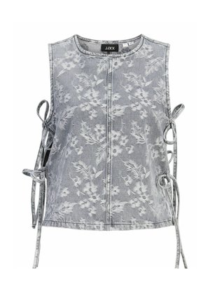 Szürke ujjatlan farmermellény fehér virágmintával, mindkét oldalon oldaltoldattal az állítható illeszkedés érdekében.