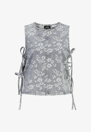 Chaleco vaquero gris sin mangas con estampado floral blanco y cintas laterales en ambos lados para un ajuste ajustable.