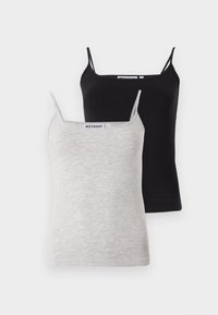 Two camisole tops: one black and one light gray, made of soft cotton. Each has thin straps and a scoop neckline, featuring a simple design.
