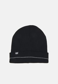Black knit beanie with a folded cuff, featuring a white accent stripe and a small black label with "ciele" branding.