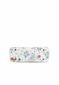 Portafoglio bianco con motivo floreale, caratterizzato da fiori di diversi colori. Realizzato in materiale testurizzato con dettagli in metallo argentato sui lati.