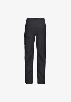 Black waterproof pants with a fitted design, zippered pockets, and reinforced lower panels for durability. Made from a stretchy, breathable material.