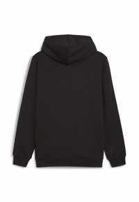 Felpa nera con cappuccio realizzata in misto cotone, caratterizzata da una texture liscia, maniche lunghe e una tasca a marsupio sul davanti.
