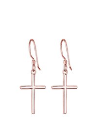 Roségoldene Kreuzohrringe mit einem schlichten Design, das eine glatte Oberfläche und einen Fischhaken-Verschluss aufweist.