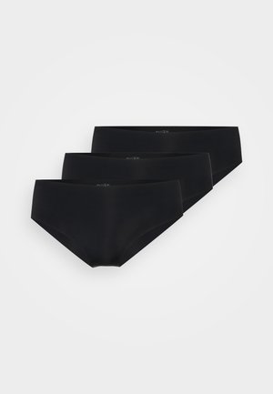 Three pairs of black women’s briefs made of smooth, stretchy fabric. Features a high-rise design and soft elastic waistbands.