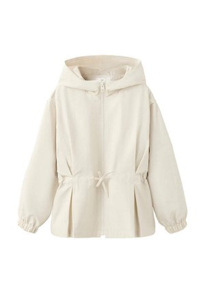Giacca con cappuccio beige chiaro con zip frontale, coulisse in vita, polsini elasticizzati e un design leggermente arricciato in fondo.