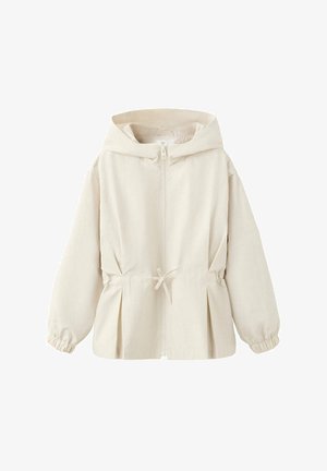 Giacca con cappuccio beige chiaro con zip frontale, coulisse in vita, polsini elasticizzati e un design leggermente arricciato in fondo.