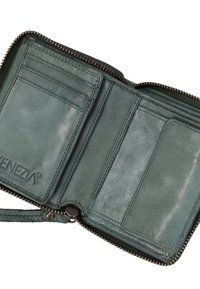 Green leather wallet with a zip closure, featuring multiple card slots and a smooth texture. The interior has a subtle sheen.