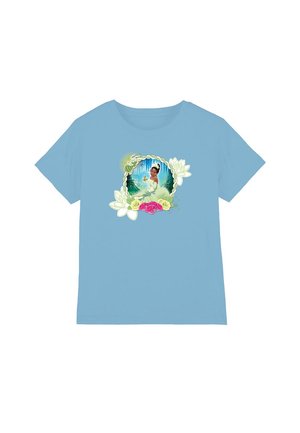 Light blue cotton t-shirt featuring a printed design with a character in a white dress surrounded by flowers and a waterfall backdrop.