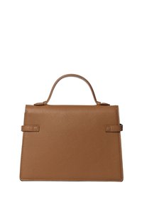 Borsa in pelle marrone chiaro con forma strutturata, manico superiore e design minimalista. Presenta cinturini accentuati e una superficie leggermente testurizzata.