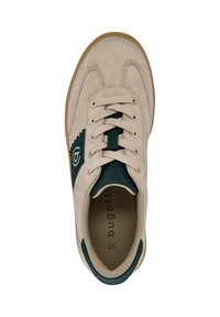 Beige suede sneaker with green accent, textured detailing, six eyelet lace-up design, and a tan rubber sole. Inside has brand logo and size 37.