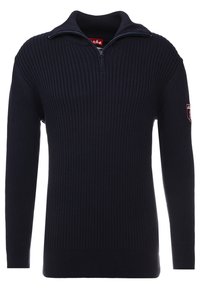 Mörkblå ribbad tröja med hög zip-krage, figursydd design och en liten logotypapplikation på vänster ärm. Mjuk stickad textur.