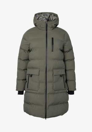 Gepolsterte knielange Jacke in Olivgrün, mit Kapuze, durchgehendem Reißverschluss, zwei Fronttaschen und elastischen Bündchen. Texturiertes Material mit schwarzen Akzenten.