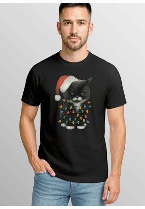 Black t-shirt featuring a cat with a Santa hat, wrapped in colorful Christmas lights. Short sleeves, crew neck design, and graphic print.