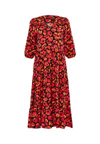 Robe florale rouge sur fond noir, avec des manches bouffantes, un décolleté en V et une jupe à volants. Fabriquée en tissu léger avec une texture douce.