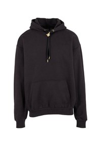 Schwarzer Kapuzenpullover aus weichem Stoff. Verfügt über eine Fronttasche, gerippte Bündchen und Zugbänder mit goldenen Hardware-Akzenten.