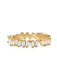 Ring i gullfarge med et sikksakkdesign og klare, rektangulære steiner arrangert langs ringen, som viser varierende høyder for visuell interesse.