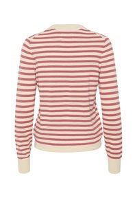 Pull à manches longues avec rayures horizontales roses et crème, poignets et ourlet côtelés, présenté de dos sur un fond blanc.