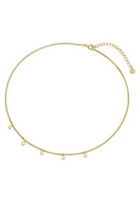 Zlato obarvana verižica z nežno zasnovo, ki vključuje pet majhnih, enakomerno razporejenih okroglih detajlov spredaj. Prilagodljiv zaponka.