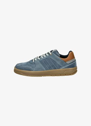 Blaue Suede-Sneaker mit beiger Gummisohle, weißen Schnürsenkeln und braunen Lederelementen. Verfügt über eine strukturierte Oberflächenbeschaffenheit und drei seitliche Streifen.