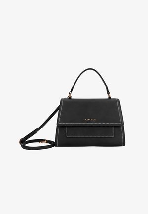 Borsa a mano in pelle nera con un design strutturato. Presenta una maniglia superiore, una tracolla removibile, cuciture bianche e un logo dorato.